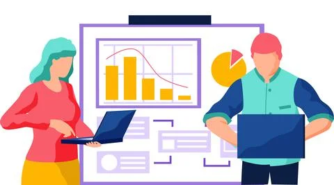 People with laptops work with statistical data analysis, business report Illustrazione stock
