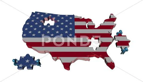 People with large jigsaw pieces and usa map flag illustration Stock Illustration