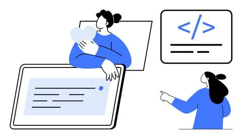 People with large screen, pointing at code symbol and hugging abstract hear.. Stock Illustration