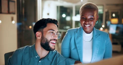 People, laughing and team with computer in business, troubleshooting and Stock Footage 336308622
