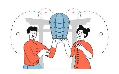 People launch lanterns. Man and woman in traditional chinese clothes with lamp Illustrazione stock