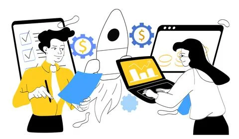 People launch start up. Man and woman with laptop with graphs near rocket 스톡 일러스트