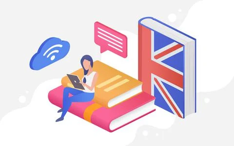 People learn language, education concept, 3d tiny student sitting on books with Stock Illustration