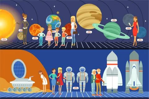 People Learning About Stars, Planets and Solar System at Excursion in Stock Illustration