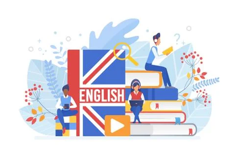 People learning English isometric vector illustration. Distance education Stock Illustration
