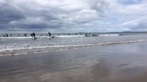People Learning to Surf, Surfing Class At Sligo Coast In Ireland Video stock 109510095