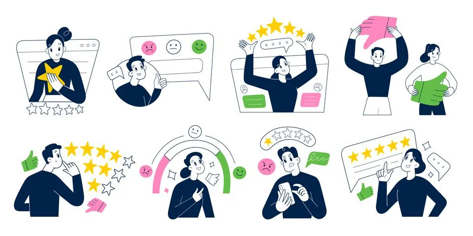 People leave feedback, users write reviews in mobile applications, comment on Stock Illustration