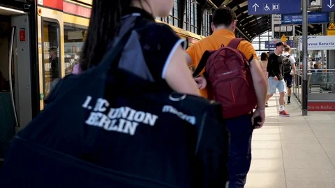 People leaving surface metro train S-bahn in Berlin 스톡 동영상 116243139