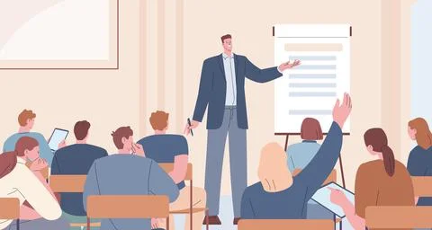 People on lecture and presenter at presentation. Male speaker, public meeting or 스톡 일러스트
