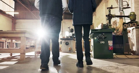 People, legs and walk in workshop for carpentry business, inspection or quality Stock Footage 340610408