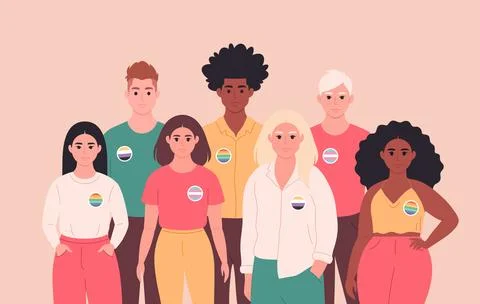 People with LGBT, non-binary pin. Gender-neutral movement. LGBTQ community. Иллюстрация