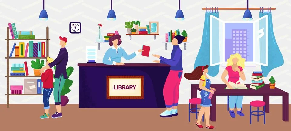 People in library, readers, knowledge concept, vector flat illustration. Adults 스톡 일러스트
