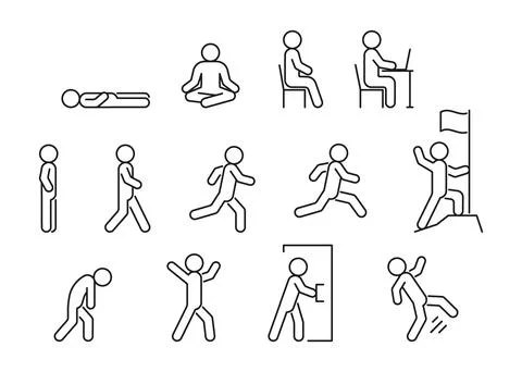 People line icon in different posture, human various action poses. Lie, stand Stock Illustration