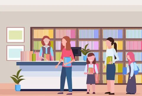 People in line queue borrowing books from librarian modern library bookstore イラスト素材