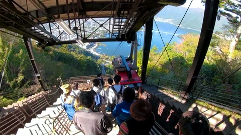 People lining up on the stairs waiting for the cable car in Fuji Japan Stock Footage 129277348