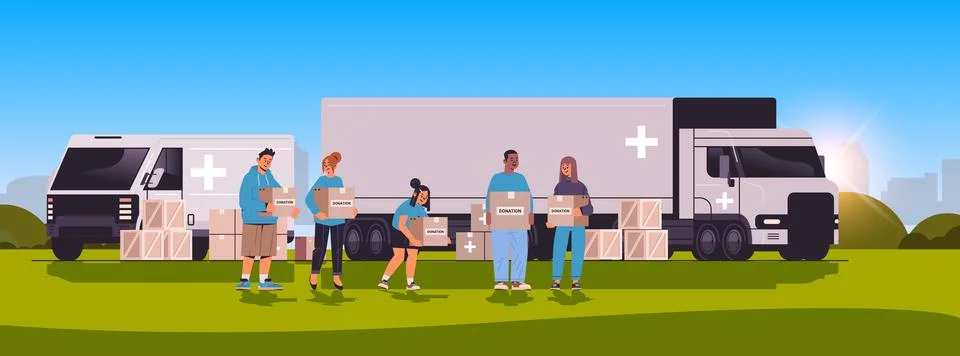 People loading donation help boxes with medical supplies humanitarian aid Ilustração Stock