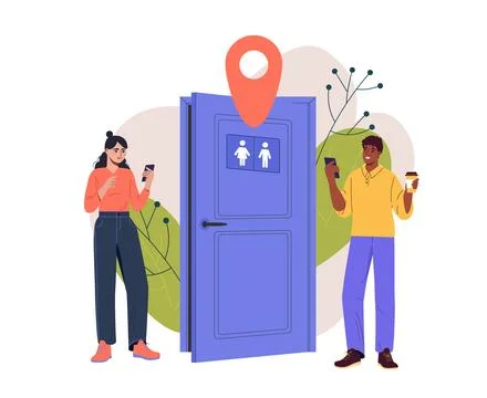 People locating public restroom using app. Vector illustration Stockillustratie