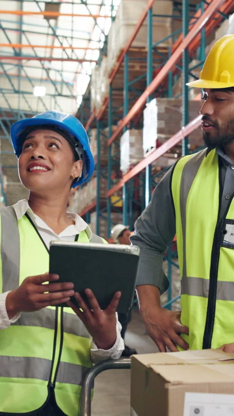 People, logistics and inventory with tablet in warehouse for shipping, storage Stock Footage 340450985