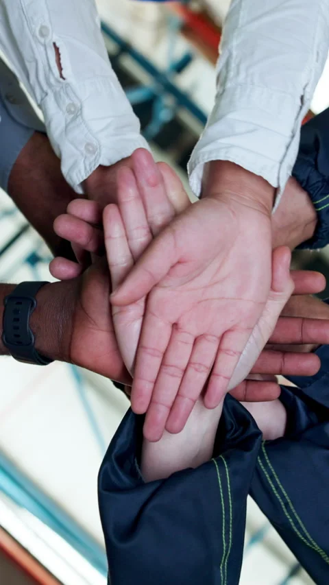 People, logistics or hands together with team in warehouse for winning, unity or Stock Footage 340623911