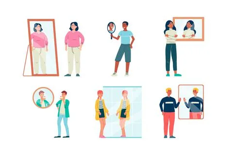 People look at their reflection in mirror, flat vector illustration isolated. Illustrazione stock