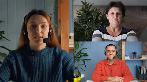 People look at web cameras listen webinar lecture participate group conference Video stock 147408216