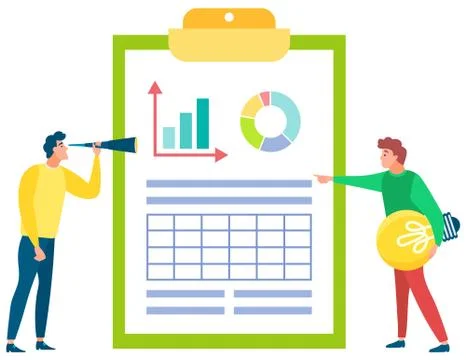 People Looking at Data Board with Magnifying Glass Stock Illustration