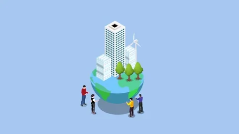 People looking at earth with non polluting eco friendly energy sources Stock Footage 245823120