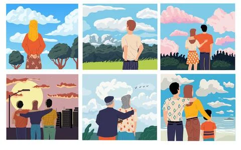 People looking forward. Men and women admiring scenery. Old or young characters Stock Illustration