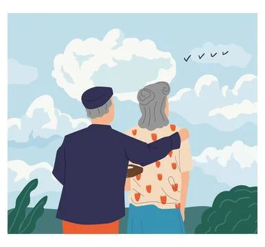 People looking forward. Senior couple admiring nature landscape. Admiration of Stock Illustration