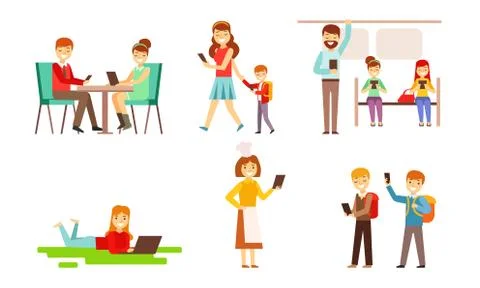 People Looking in Gadgets Screen Set, Men, Women and Kids Using Hi Tech Stock Illustration