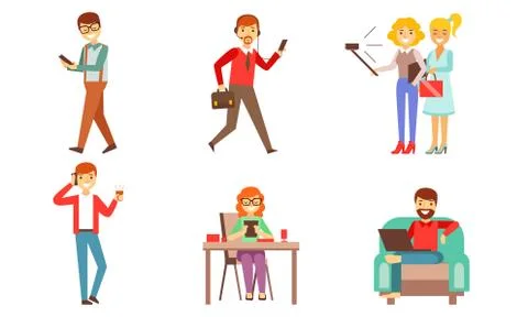 People Looking in Gadgets Screen Set, Men, Women and Kids Using Hi Tech Stock Illustration