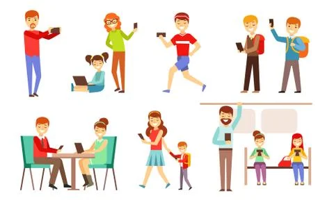 People Looking in Gadgets Screen Set, Smiling Men, Women and Kids Using Hi Tech Stock Illustration