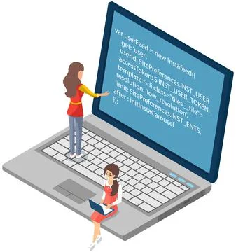 People looking at laptop screen with program code. Programmers coding new Stock Illustration