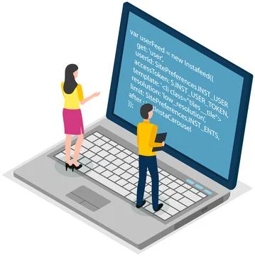People looking at laptop screen with program code. Programmers coding new Stock Illustration