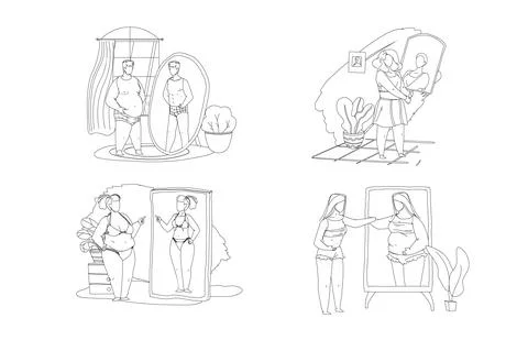 People looking at mirror reflection isolated vector set Stock Illustration