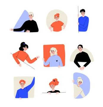 People Looking Out of Different Shaped Windows Set, Young Men and Women Peeping Stock Illustration