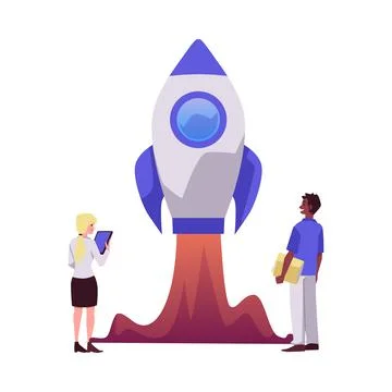 People looking at rocket launch, start up and business concepts - flat vector イラスト素材