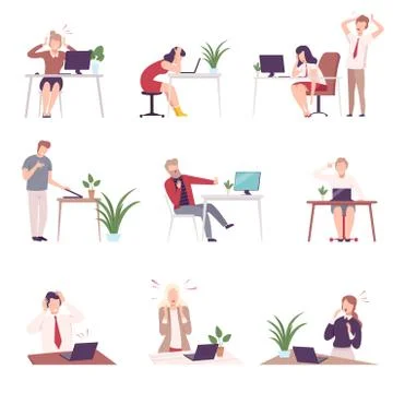 People Looking Scared into Computer Screen Set, Young Men and Women Sitting at Stock Illustration
