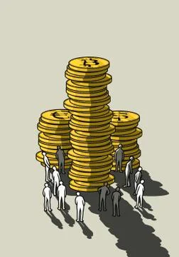 People looking up at tall Bitcoin stack Stock Illustration