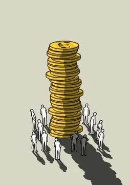 People looking up at tall stack of Euro coins Stock Illustration