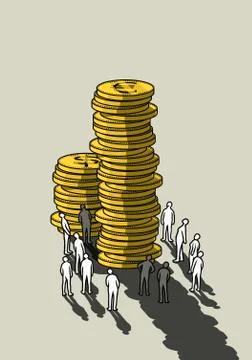 People looking up at tall stack of Euro cons Stock Illustration
