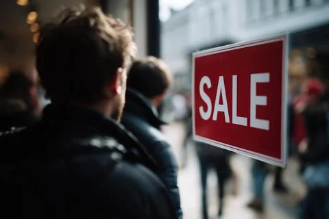 People looking through a retail store window at a sale sign during busy sho.. 스톡 사진