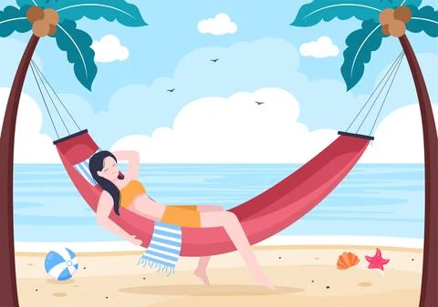 People Lying on Hammock in Beach Swing Flat Cartoon Vector Illustration. Summ Stock-Illustration