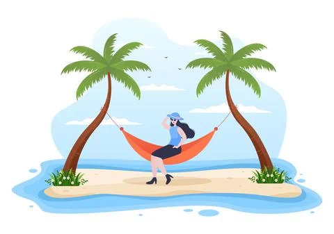 People Lying on Hammock in Beach Swing Flat Cartoon Vector Illustration. Summ Stock-Illustration