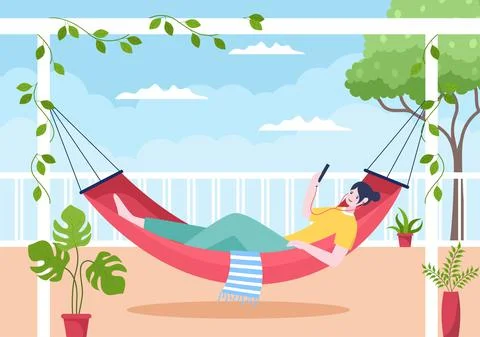 People Lying on Hammock in Home Flat Cartoon Vector Illustration. Summer Vaca Stock Illustration