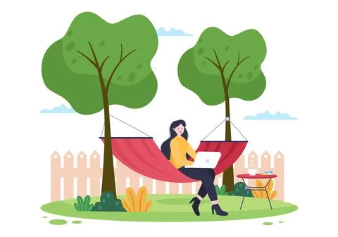 People Lying on Hammock in Park Flat Cartoon Vector Illustration. Summer Vaca Ilustración de archivo