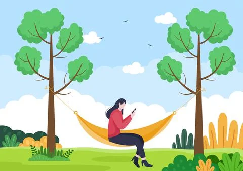 People Lying on Hammock in Park Flat Cartoon Vector Illustration. Summer Vaca Stock-Illustration