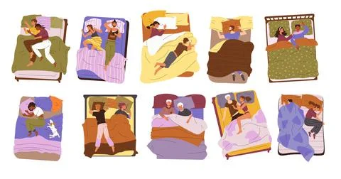 People lying under blankets. Sleeping persons in bedroom. Child with cats and Stock Illustration