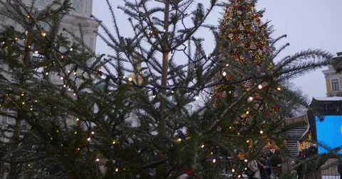 People at Main New Year Tree Sofia Cathedral Tower Panorama Stage TV Screen Stock Footage 58734656