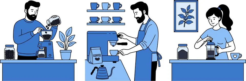 People Making Coffee with Various Methods Illustration. Stock Illustration